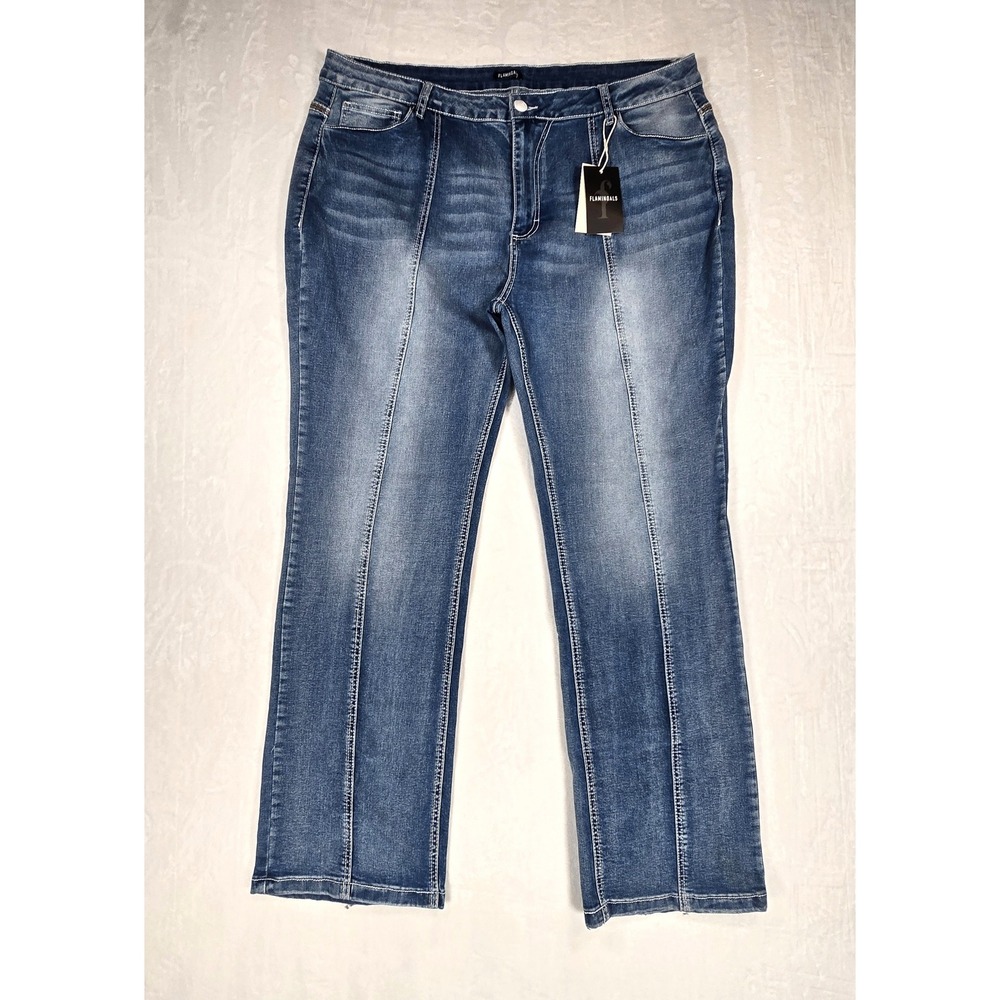 Flamingals Plus Size 4XL Straight Leg Jeans Medium Wash Seam Front 234873